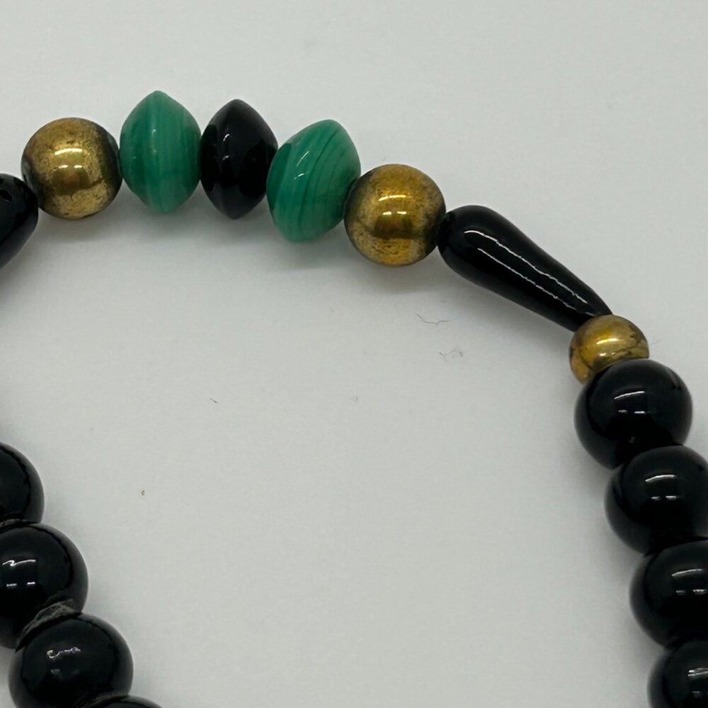 Vintage Glass Beaded Necklace Black Green Brass Accents Statement Long Art Deco - Picture 9 of 16